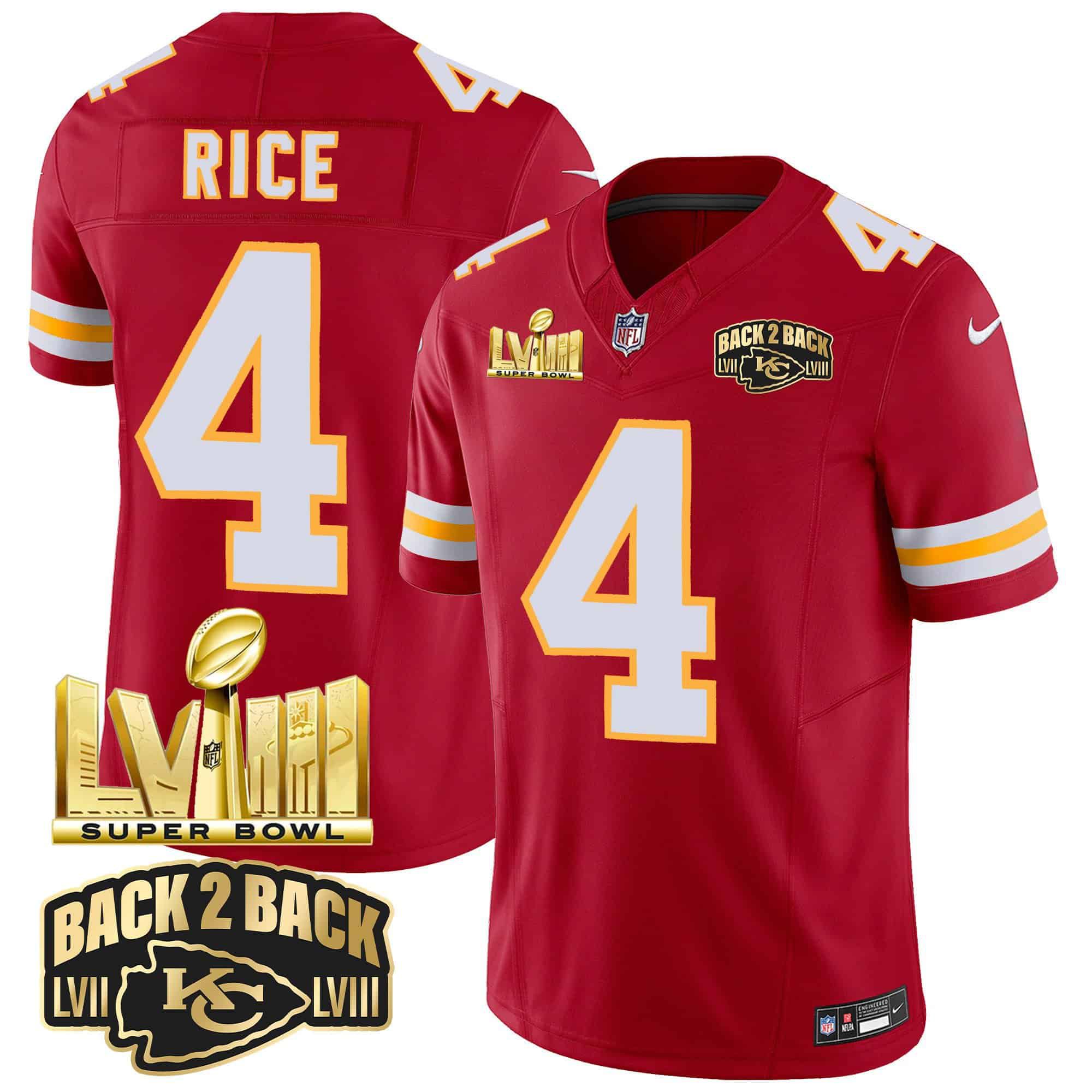 Men Kansas City Chiefs 4 Rice Red 2024 Nike Super Bowl LVIII & Back 2 Back Gold Patch Vapor NFL Jersey style 3